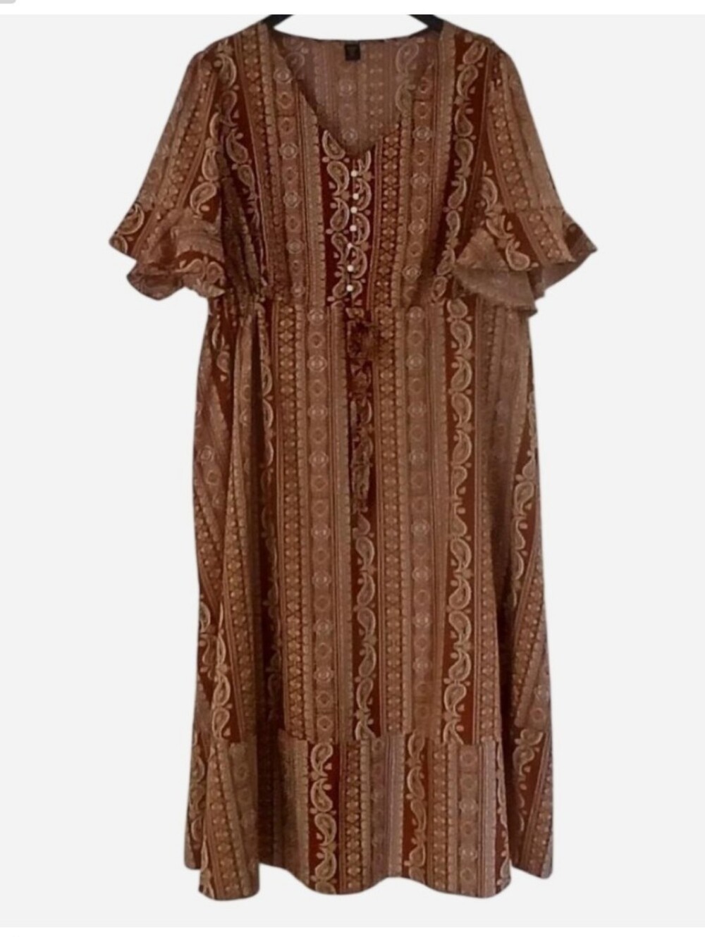 Shein Size 4XL Dress Brown Orange White Paisley Stripe Print V Neck Tier Ruffle